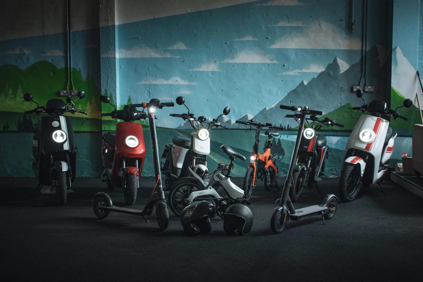 Electric scooters and bikes lined up