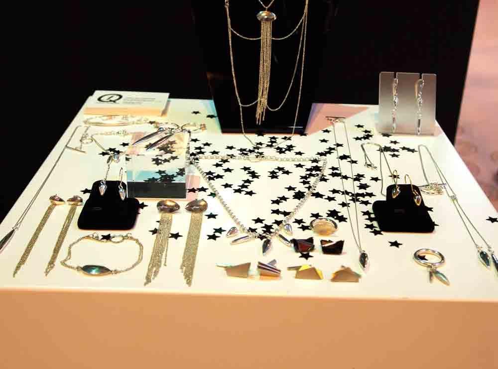 A selection of jewelry on display on a table