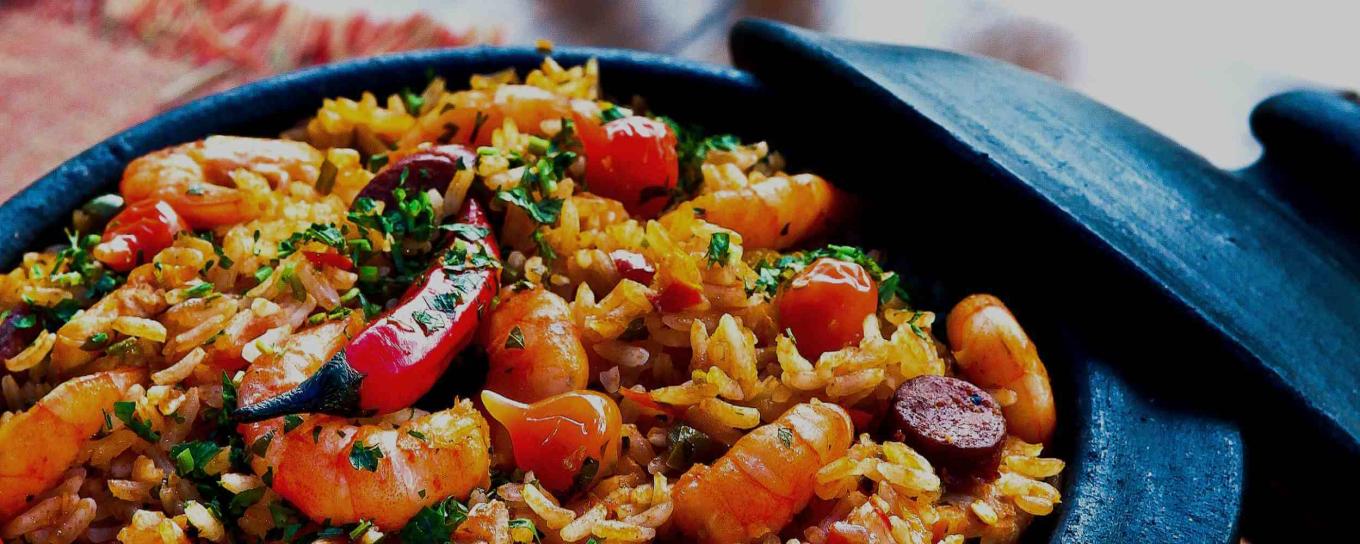 A cast iron bowl of seafood paella from Pencil and Fork