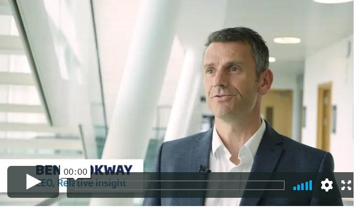 A screenshot of a video of the CEO of Relative Insight talking about how the Northern Powerhouse Investment Fund helped his business