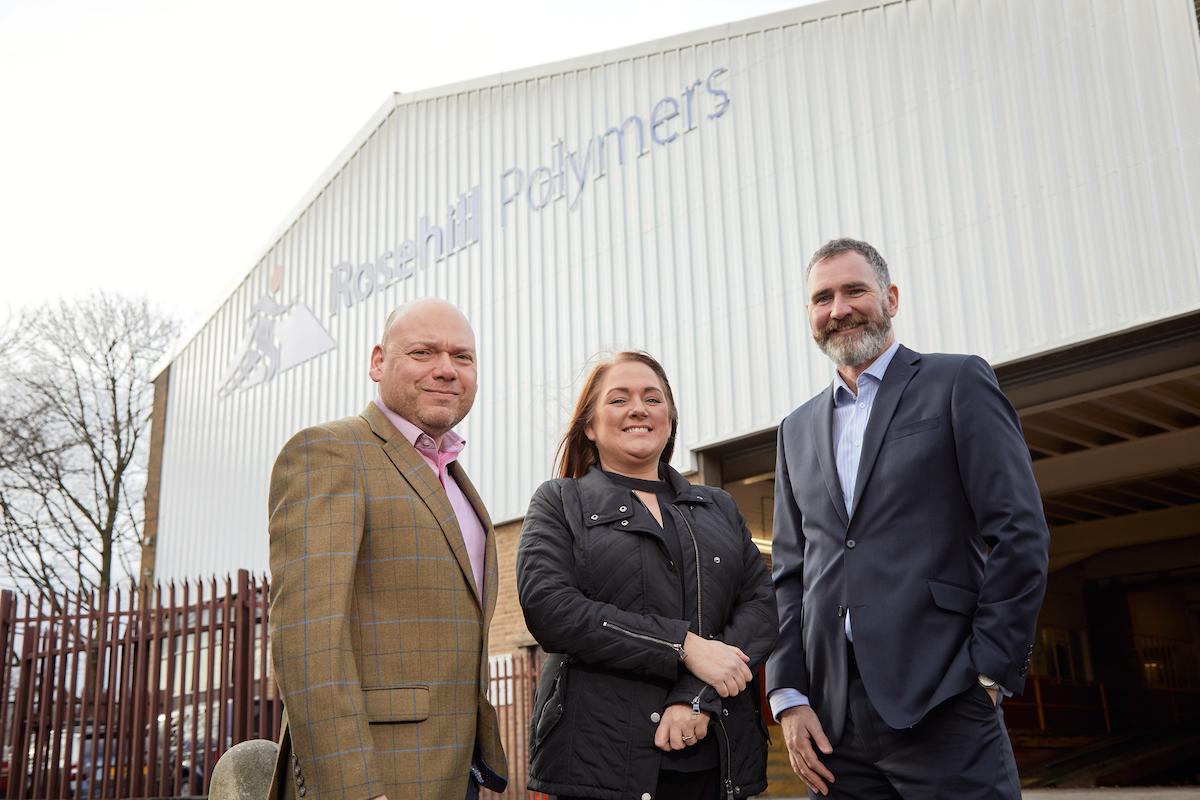 2 men and a women stood outside the Rosehill Polymers office building