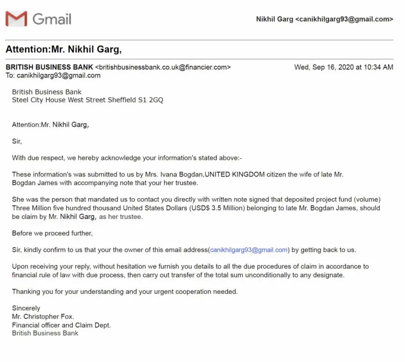 Scam example from Gmail email informing that their account will be confiscated unless recipient transfers a sum of money
