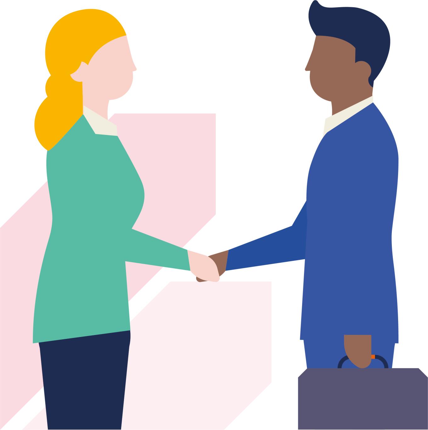 two cartoon people shaking hands in businesswear