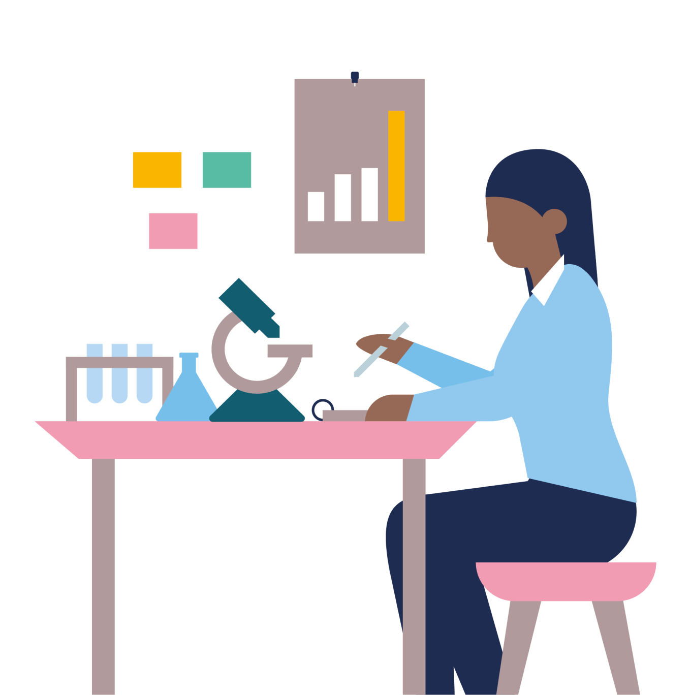 cartoon or drawn woman sitting at desk looking at microscope with vials.