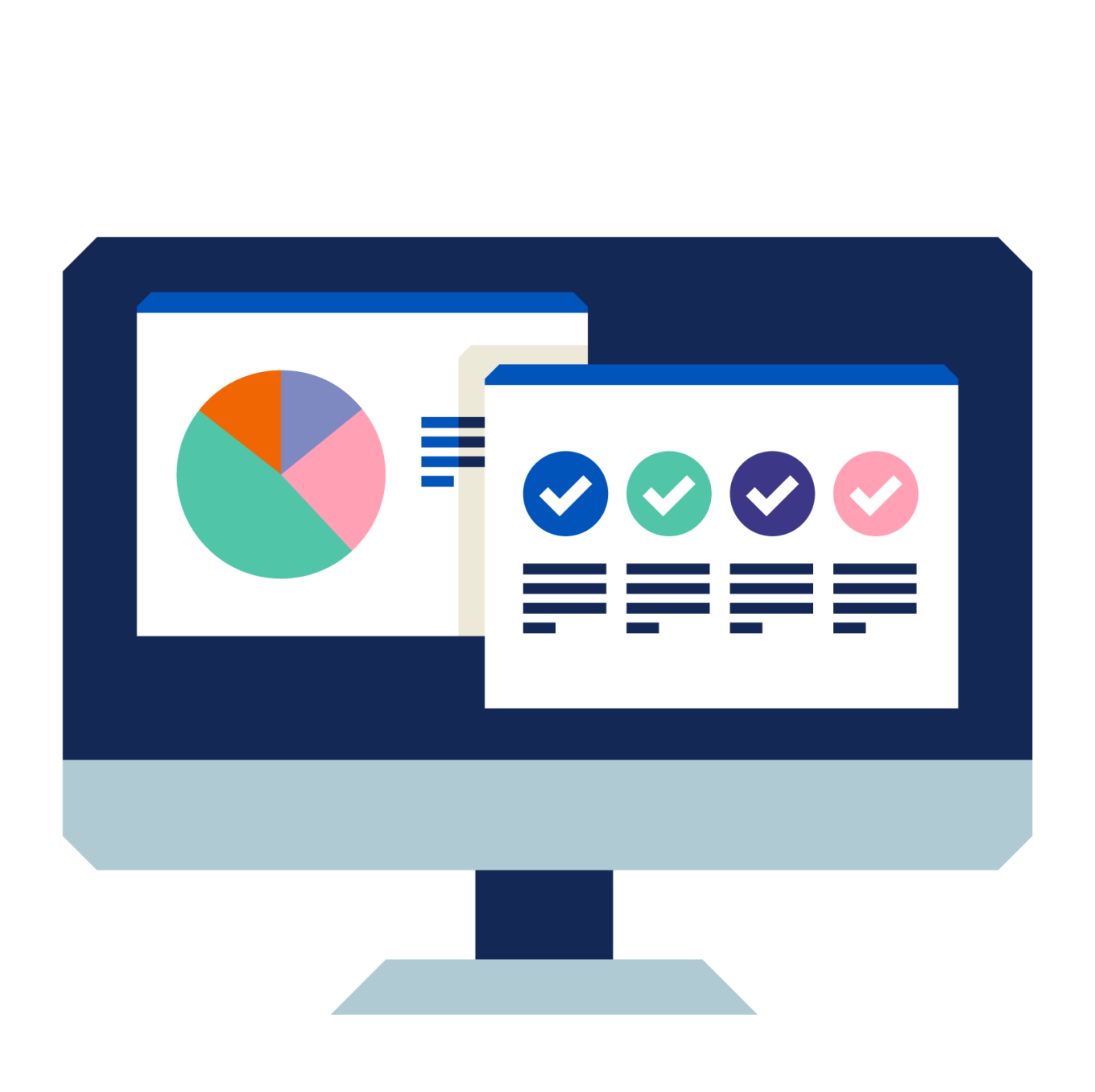 icon of a computer with charts and tickboxes on it