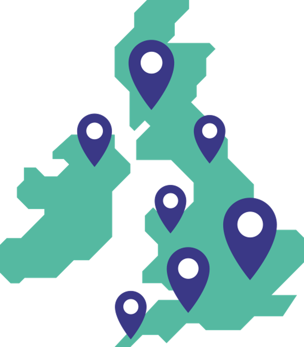Graphical map losely depicting regions and nations of the UK